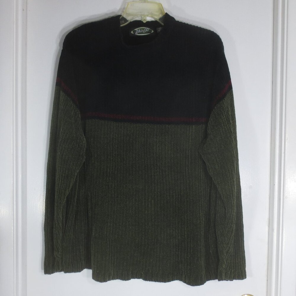 White Out Sweater Olive Green Black Color Block Soft Chenille Knit Men's Size L